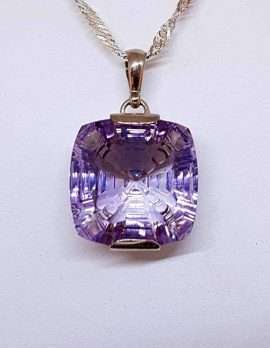 Large Square Amethyst Pendant Necklace on a Sterling Silver chain.