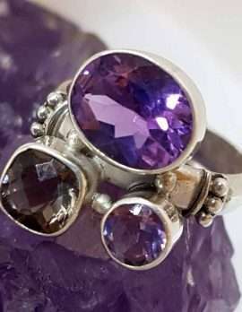Sterling Silver Amethyst and Smokey Quartz Cluster Ring