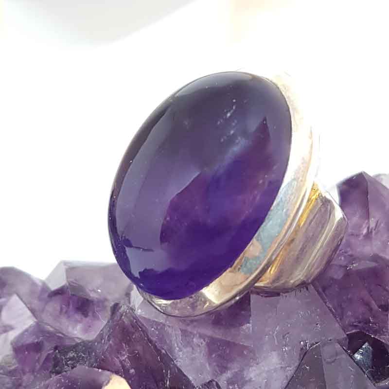 Sterling Silver Large Oval Cabochon Cut Amethyst Ring