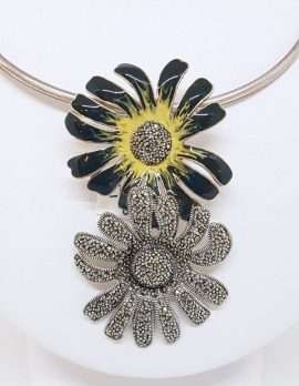 Sterling Silver Marcasite and Enamel Large Flower Pendant on Silver Choker