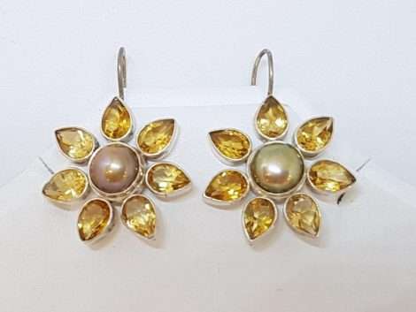 Sterling Silver Citrine and Pearl Flower Earrings