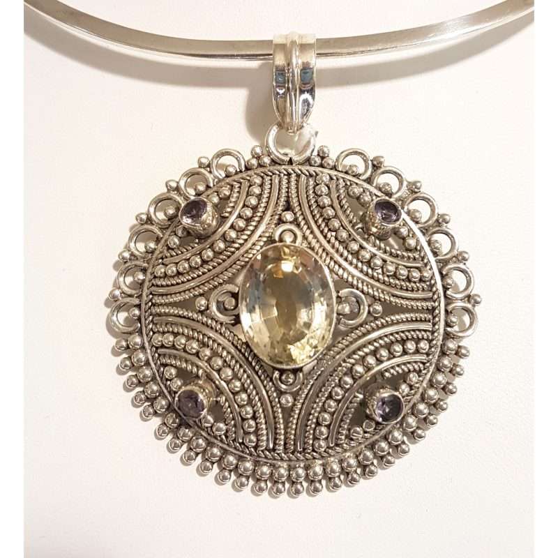 Sterling Silver Filigree / Ornate Round Citrine and Amethyst Pendant on Choker