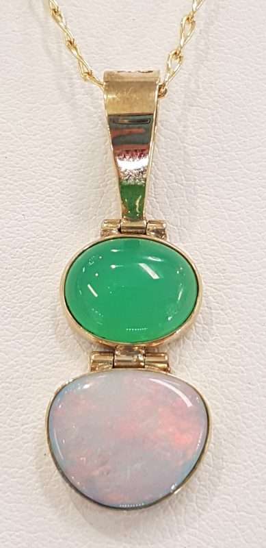 9ct Gold Opal and Australian Jade / Chrysoprase Pendant on 9ct Chain