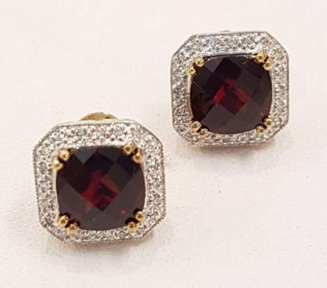 9ct Gold Garnet and Diamond Encrusted Square Stud Earrings
