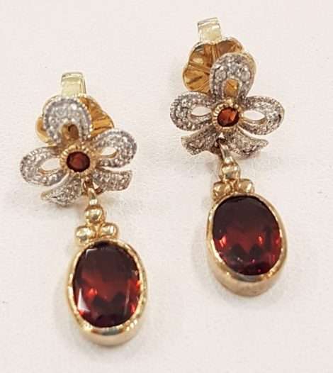 9ct Gold Garnet and Diamond Stud / Drop Earrings with Ornate Ribbon Design