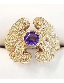 9ct Yellow Gold Round Amethyst in Wide and Unusual Ornate Setting Ring