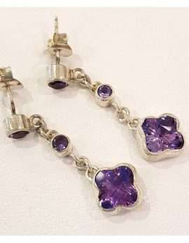 Sterling silver chain earrings with flower shaped amethyst