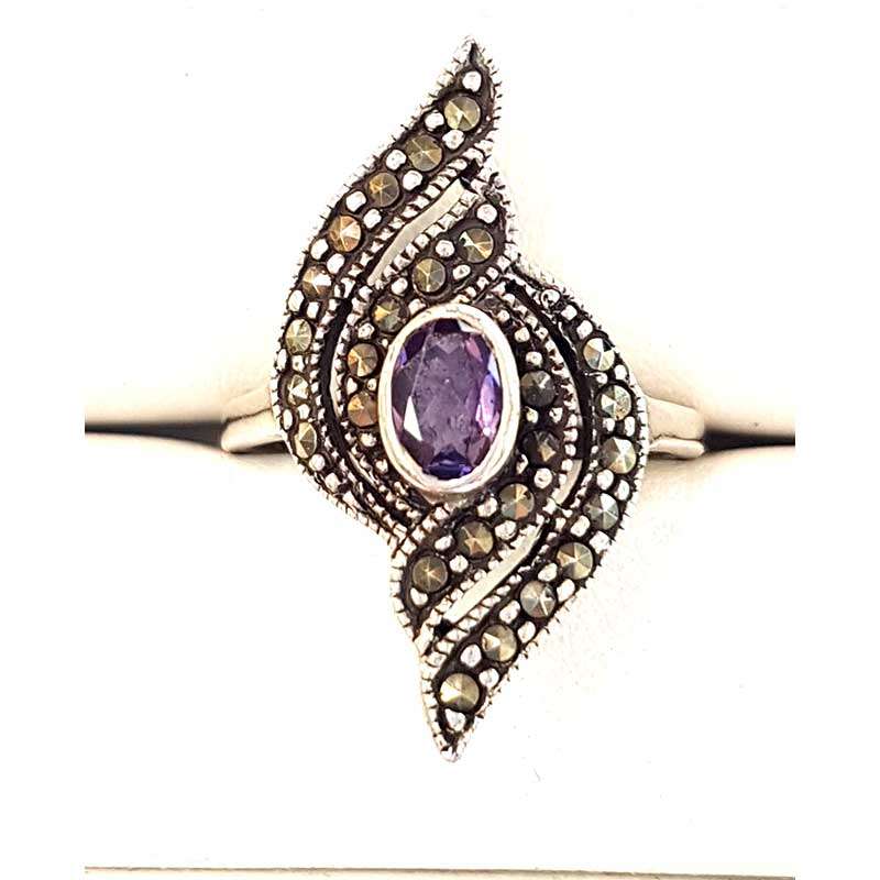 Sterling Silver Oval Amethyst with Marcasite Twist Design Ring
