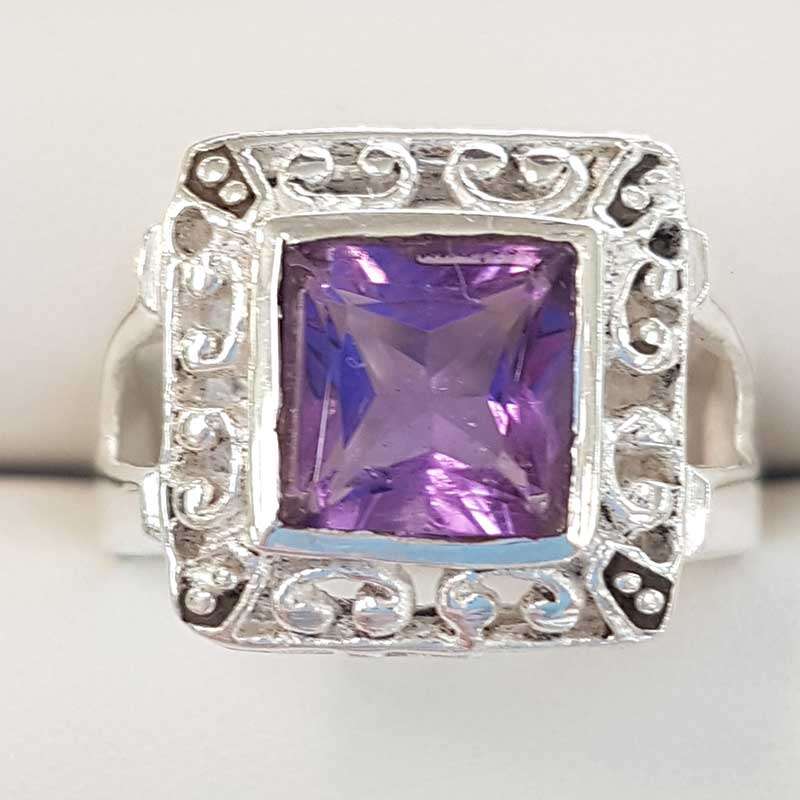 Sterling Silver Square Amethyst Ring - Ornate / Filigree