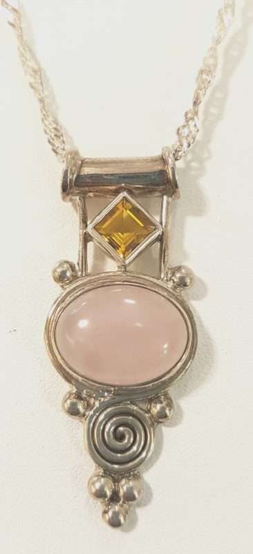 Sterling Silver Cabochon Cut Rose Quartz with Citrine Ornate Pendant on Chain