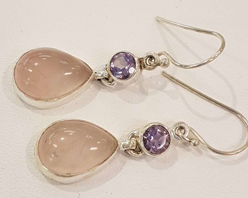 Sterling Silver Cabochon Cut Rose Quartz and Amethyst Drop Earrings