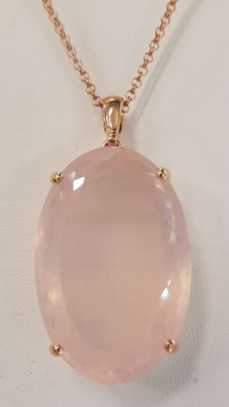 9ct Rose Gold Large Oval Faceted Rose Quartz Pendant on 9ct Chain
