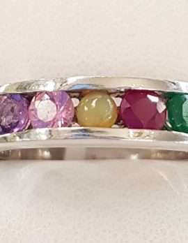 Sterling Silver Multi-Colour Gemstone " AMORE " Ring - Amethyst, Morganite, Opal, Ruby and Emerald