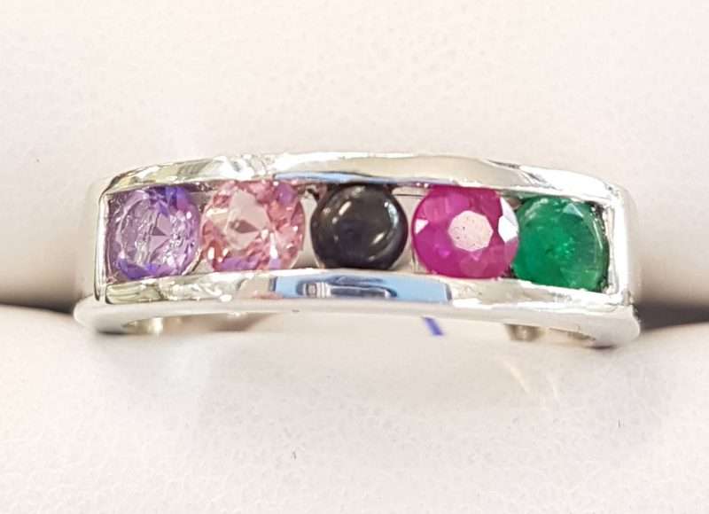 Sterling Silver Multi-Colour Gemstone " AMORE " Ring - Amethyst, Morganite, Onyx, Ruby and Emerald