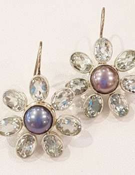 Sterling Silver Green Amethyst and Pearl Flower Earrings