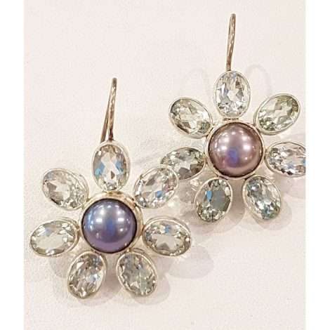 Sterling Silver Green Amethyst and Pearl Flower Earrings