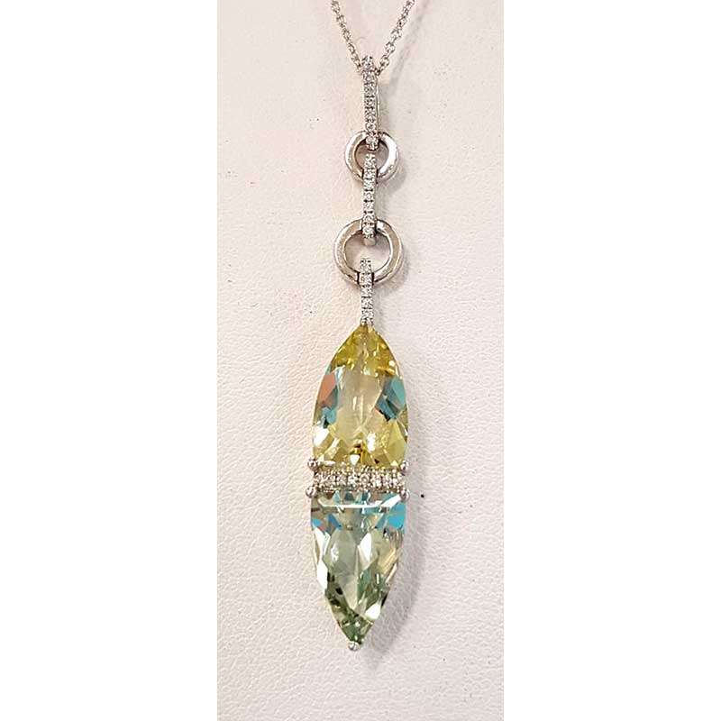 White Gold Green Amethyst, Citrine and Diamonds Pendant on White Gold Chain