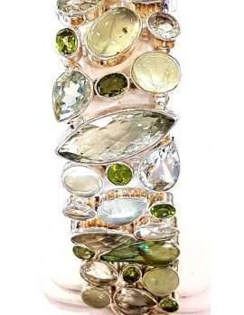 Sterling Silver Green Amethyst / Prasiolite, Prehnite, Pearl and Peridot Wide Bracelet