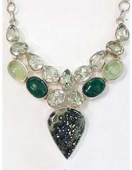 Sterling Silver Green Amethyst , Prehonite - Large Cluster Necklace