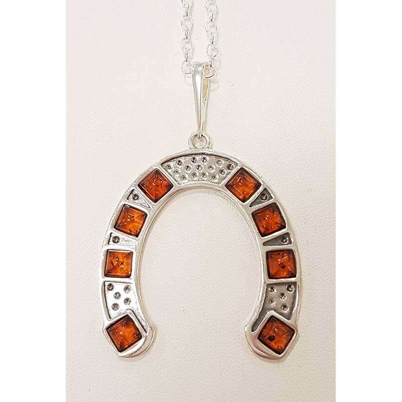 Sterling Silver and Amber Large Horseshoe Pendant on Chain
