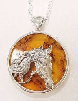 Sterling Silver Baltic Amber Round Horse Pendant on Chain