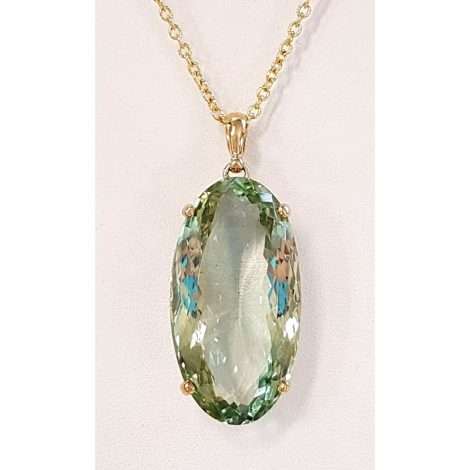 9ct Gold Green Amethyst / Prasiolite Large Oval Pendant on 9ct Chain