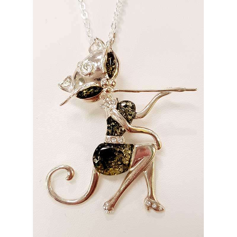 20190927_195705_x800_opt Sterling Silver Large Green Amber and CZ Elegant Cat Sitting Pendant on Chain - Also Available as Brooch