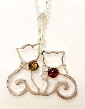 Sterling Silver 2 Amber and CZ Cats Pendant on Chain