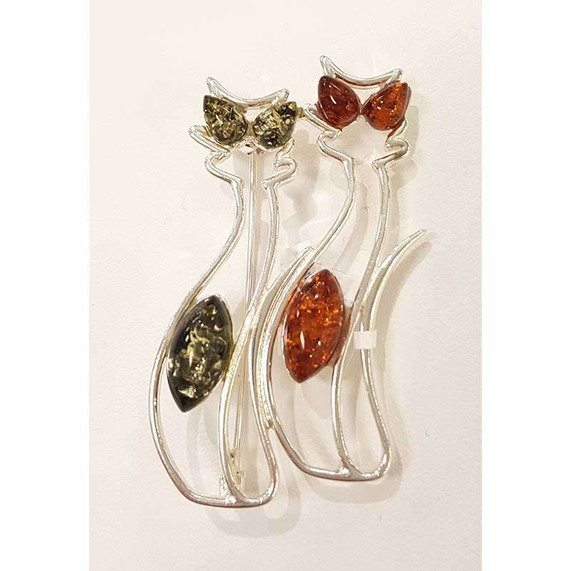 Sterling Silver with Brown and Green Natural Baltic Amber 2 Cats Sitting Brooch