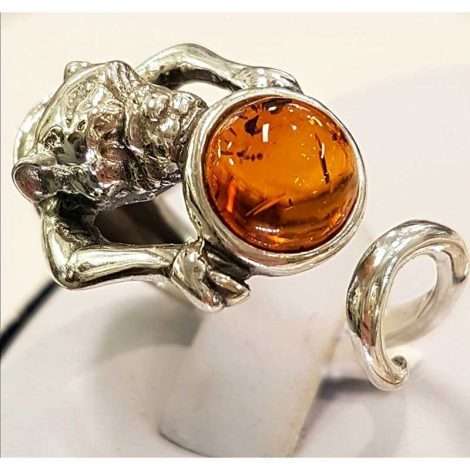 Sterling silver and amber pug dog ring