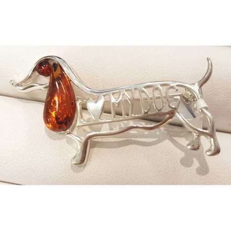 Sterling silver and amber dachshund dog brooch