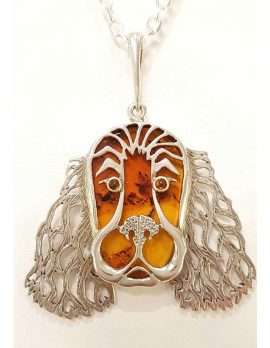 Sterling silver and amber spaniel dog pendant
