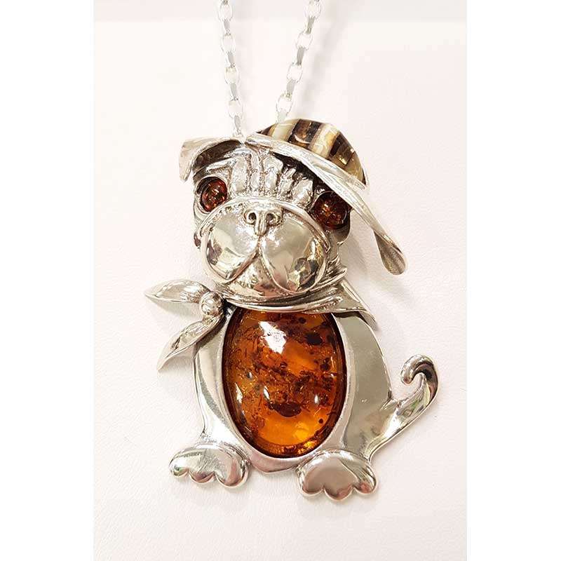 Sterling silver amber dog pendant with cap and scarf