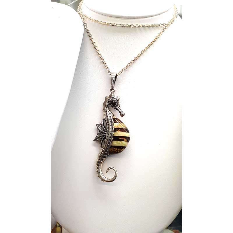 Amber-Seahorse190216-800 Sterling Silver and Amber Large Seahorse Pendant on Chain