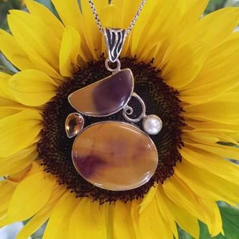 Sterling Silver Mookaite Jasper, Citrine and Pearl Pendant on Chain