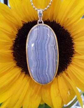 Sterling Silver Large Oval Blue Lace Agate Pendant on Chain