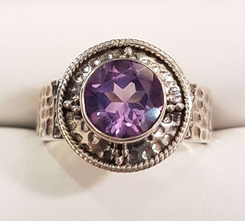 Sterling Silver Round Beaten Design Amethyst Ring