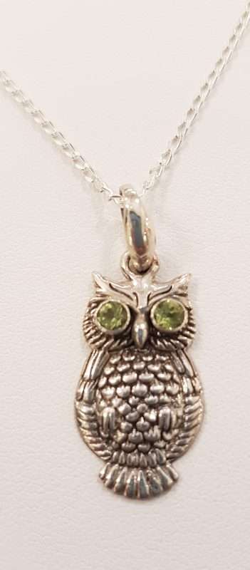 Sterling Silver Peridot Owl Pendant on Silver Chain