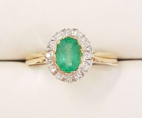 9ct Gold Natural Emerald and Diamond Oval Ring