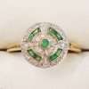 9ct Yellow Gold with White Gold Natural Emerald and Diamond Round Cluster Ring - Art Deco Style