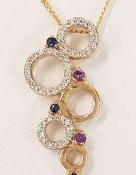 9ct Yellow Gold Sapphire, Diamond and Amethyst Pendant on 9ct Chain