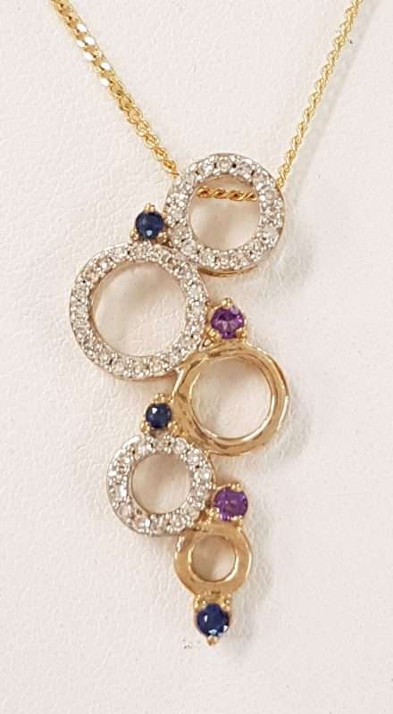 9ct Yellow Gold Sapphire, Diamond and Amethyst Pendant on 9ct Chain