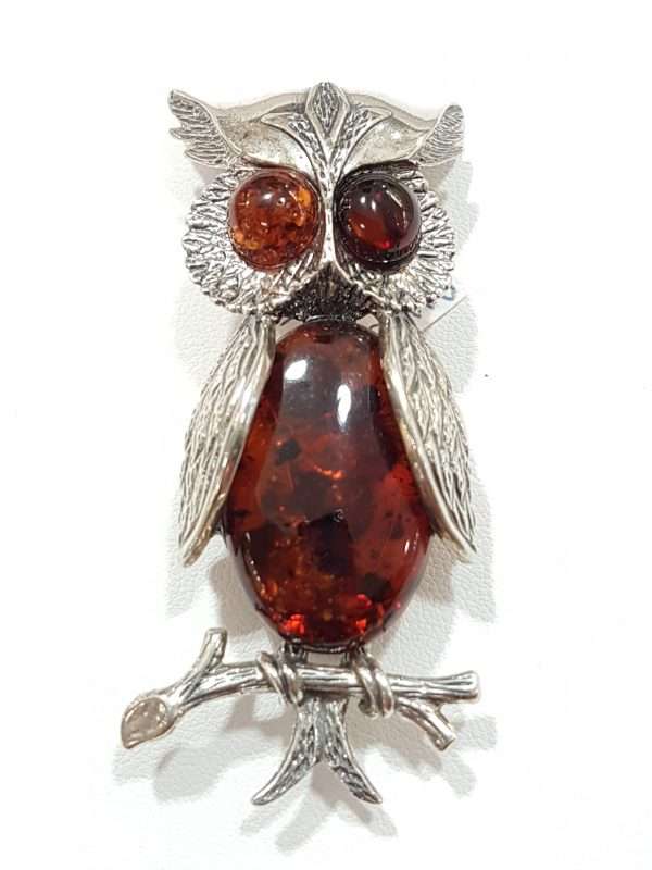 Sterling Silver Natural Amber Large Owl Brooch