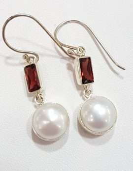 Sterling Silver Pearl and Garnet Drop Earrings