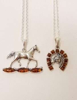 Sterling Silver Amber Horse Pendants on Sterling Silver Chain