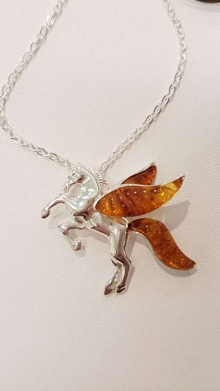 Sterling Silver Amber Pegasus Pendant on Sterling Silver Chain