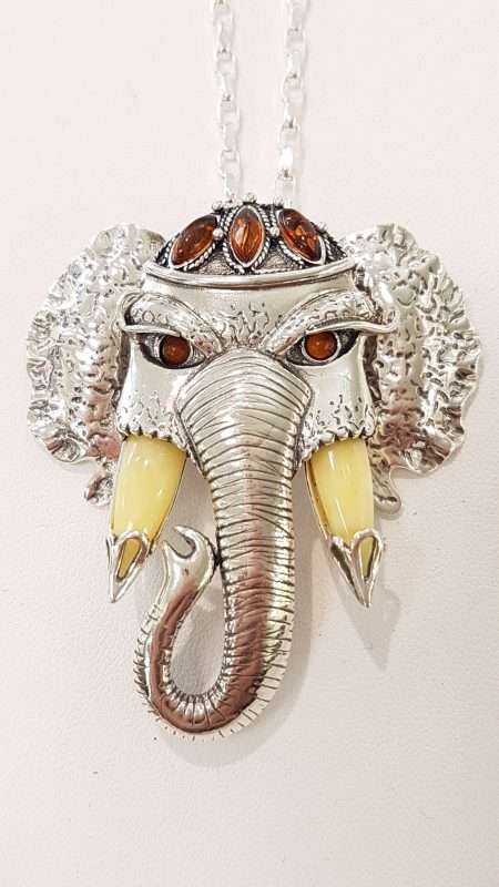 Sterling Silver Very Large Baltic Amber Elephant Pendant on Silver Chain