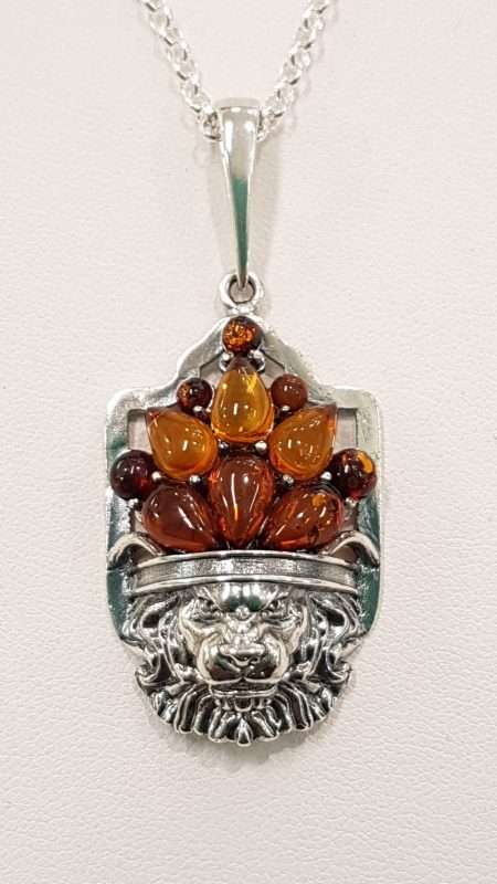 Sterling Silver Amber Lion Pendant on Sterling Silver Chain