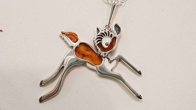 Sterling Silver Large Baltic Amber Bambi Pendant on Silver Chain - Reindeer / Deer
