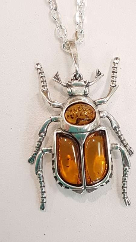 Sterling Silver Amber Scarob / Beetle Pendant on Sterling Silver Chain